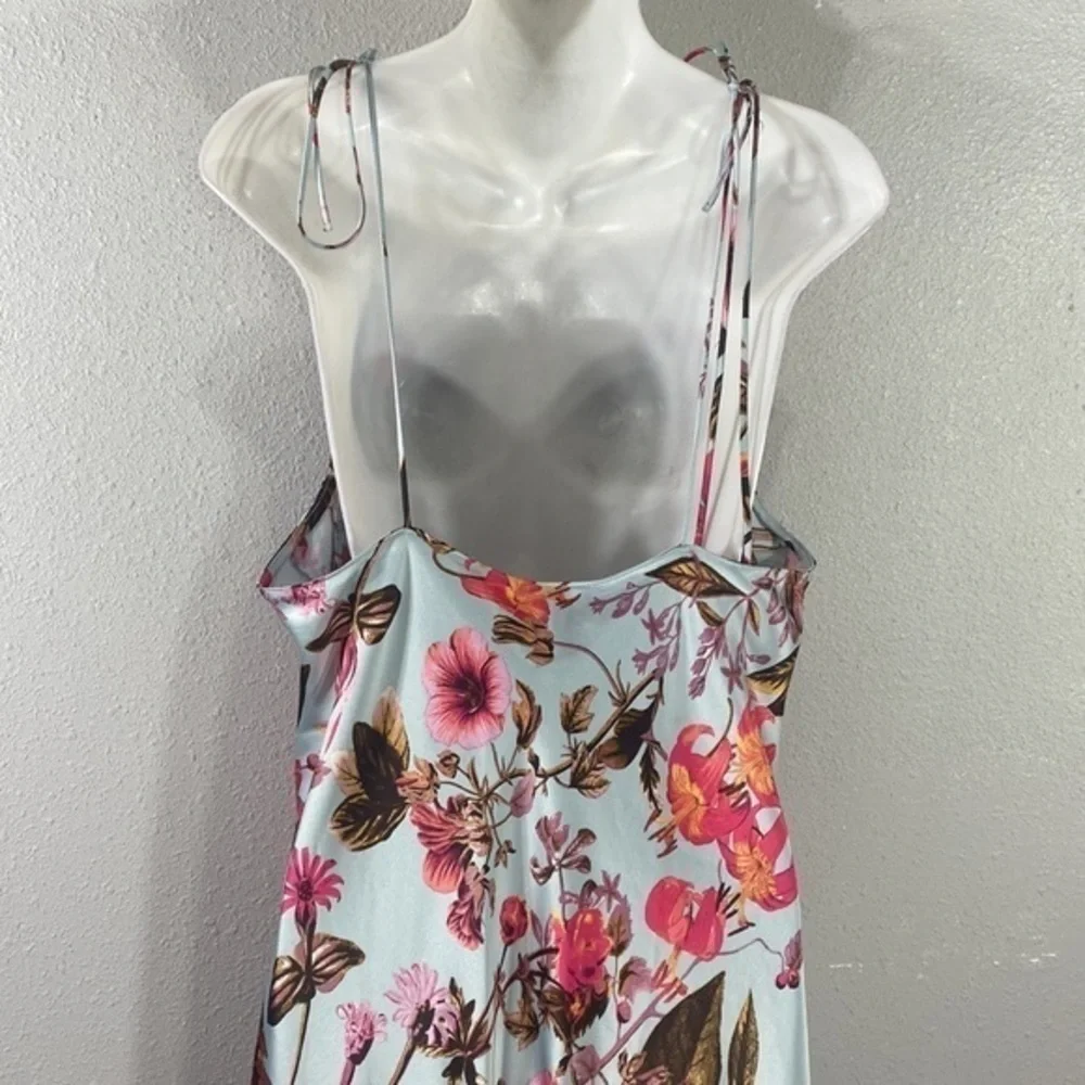 Victoria’s Secret Blue Tropical Floral Tie Shoulder Strap Satin Midi Dress XL - Picture 10 of 12